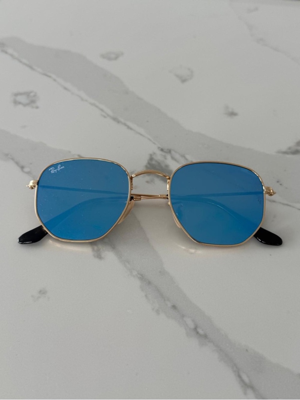 Ray-Ban Gold Frame Sunglasses with Blue Lenses